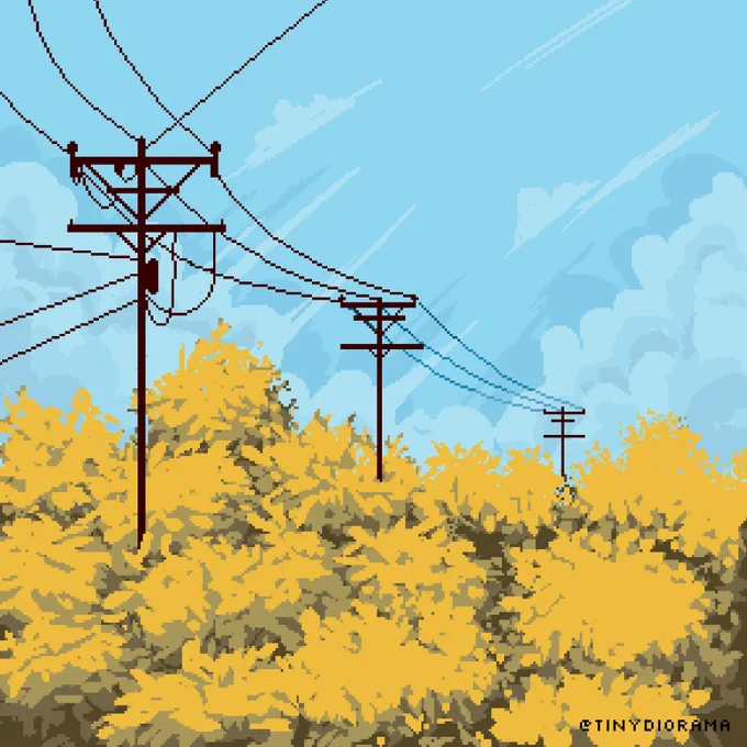 pixel art illustration of power lines with golden leaf trees