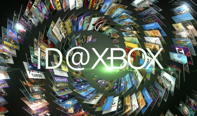 Art depicting many screens, each showing a different video game, as they swirl away into a spiral design. The words "ID @ Xbox" are superimposed over the swirl.