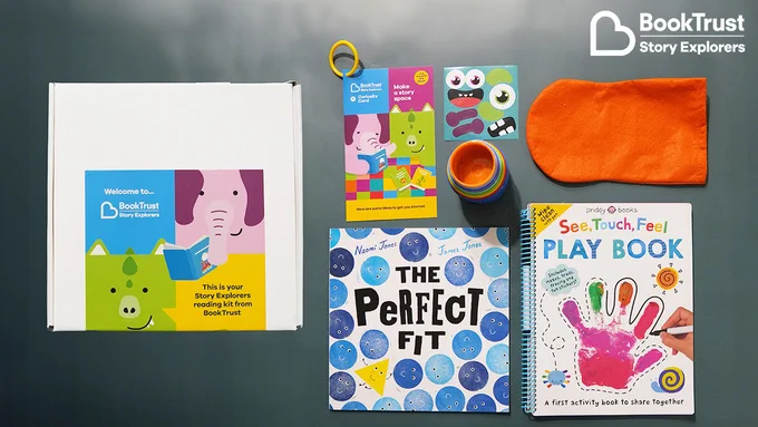 An example Story Explorers pack including the box, a leaflet, the books The Perfect Fit and See Touch Feel Play Book, and some stickers and stacking cups
