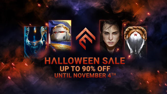 A visual for Focus Entertainment's Halloween Steam sale. There are main artworks of 4 Focus games side by side in this order: Aliens: Dark Descent, Boltgun, A Plague Tale: Requiem and Atomic Heart. The Focus logo is centered between the four games. Below the games, the text "Halloween Sale" appears, with "up to 90% off" written above "until November 4th". All the text is in orange, set against a background of dark purple and orange smoke.