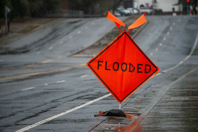 A flooded street in Folsom (Sacramento County) during the January 2023 winter storms.

