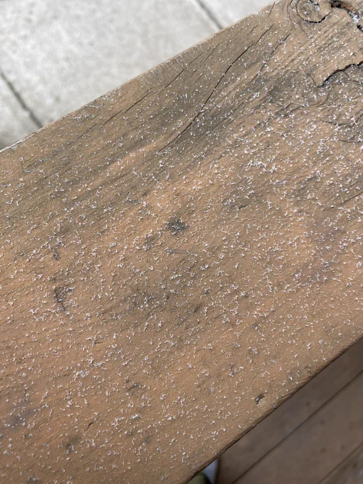 Tiny specks of snow on a wooden railing.