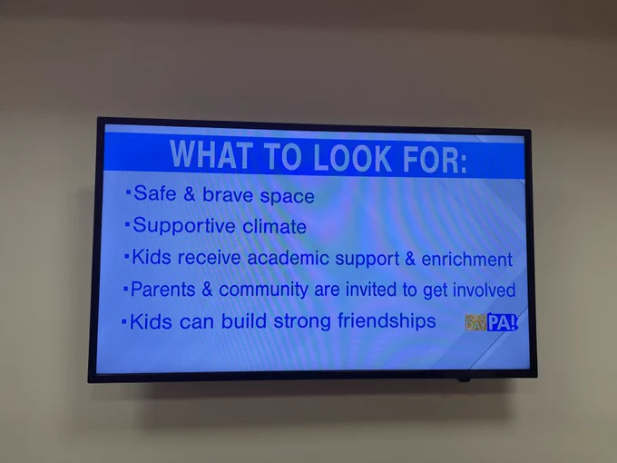 What to look for in a quality afterschool program - safe and brave spaces, supportive climate, kids receiving academic support, parents and communities engaged, build friendships