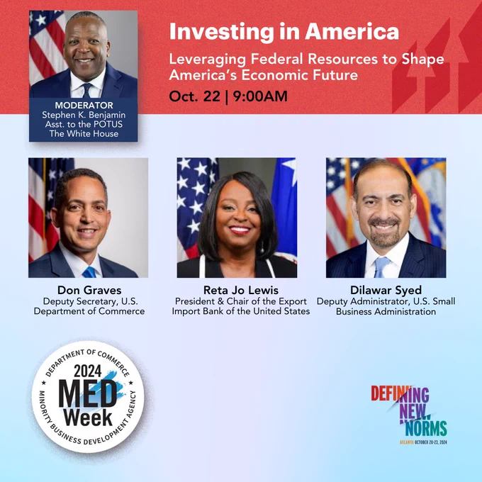 Graphic showing speakers on a panel at MEDWeek. 