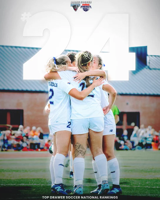 Maine women's soccer No. 24 in rankings graphic, a big #24 set behind a group of players celebrating