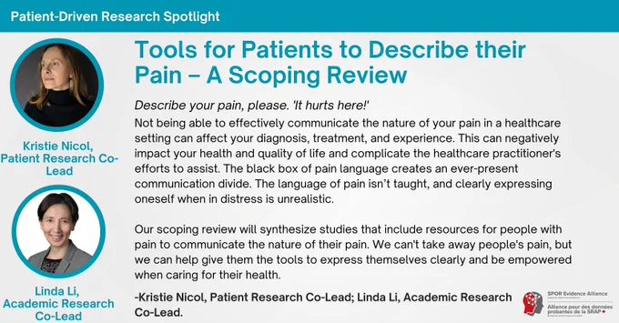 Graphic for the SPOR EA-funded patient-driven project titled, "Tools for Patients to Describe their - A Scoping Review." 