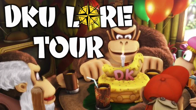 The thumbnail art for DK Vine's "DKU Lore Tour - When Is Donkey Kong's Birthday?" video. At his birthday party, Donkey Kong looks at his banana cake as Cranky, Diddy, and Dixie Kong all sit around the table with him in the jungle hut version of his treehouse.