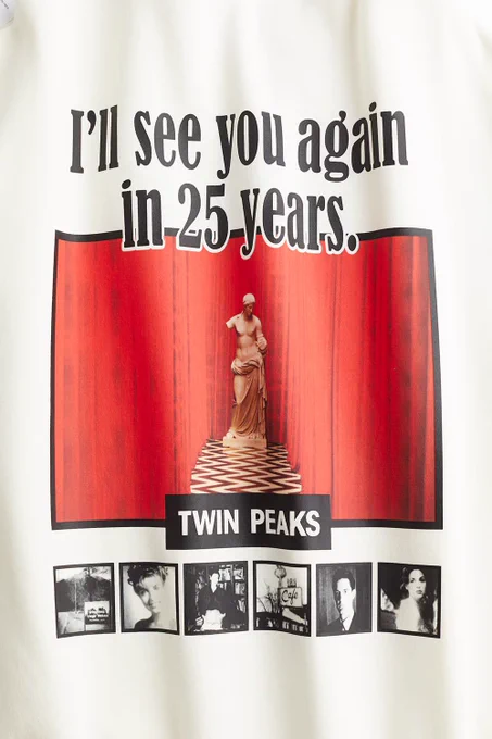 Back of cream-colored sweatshirt with Twin Peaks graphics