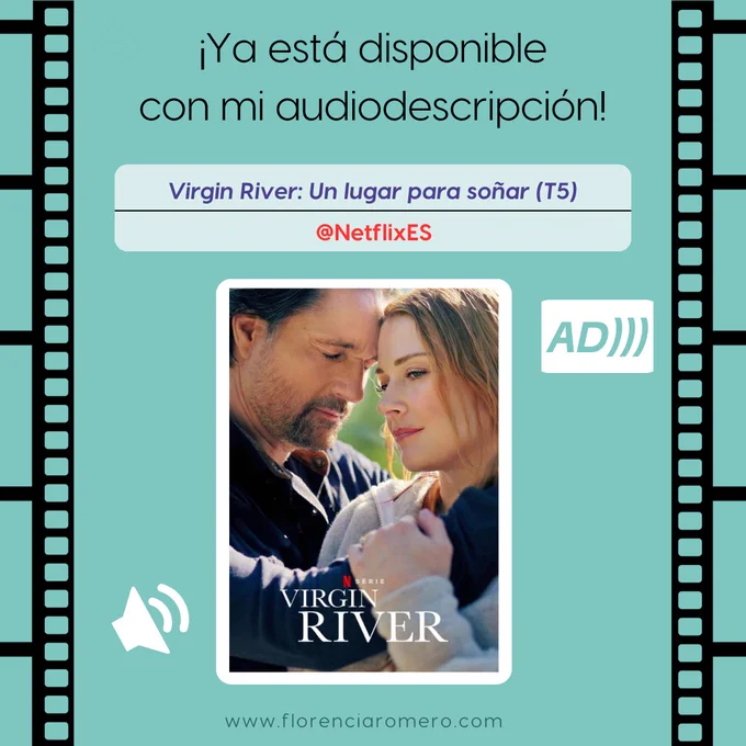 ¡Ya está disponible con mi audiodescripción! Virgin River: Un lugar para soñar (T5), en @netflixes. En el cartel de la serie, un hombre y una mujer se abrazan. Él tiene los ojos cerrados y ella la mirada perdida. El hombre tiene unos 50 años, media melena abundante con algunas canas y barba corta. La mujer tiene unos 38 años y pelo largo rubio. www.florenciaromero.com