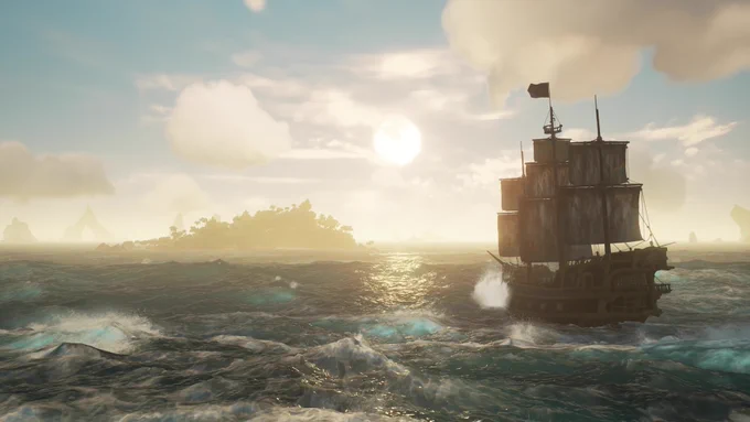 A large pirate ship sailing towards an island under the afternoon sun.