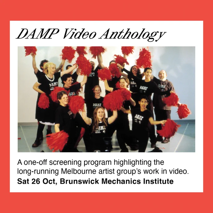 A yellow and white tile with the text 'DAMP Video Anthology' and an image of a group of people dressed as cheerleaders. They have red pompoms and black uniforms with 'DAMP' across the chest.