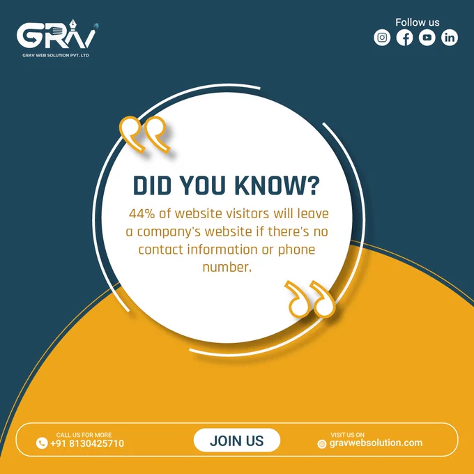 Don't let visitors bounce. Include your contact info.





𝐅𝐎𝐑 𝐌𝐎𝐑𝐄👇
📞 𝟗𝟏 𝟖𝟏𝟑𝟎𝟒𝟐𝟓𝟕𝟏𝟎, 𝟖𝟖𝟎𝟎𝟖𝟕𝟑𝟎𝟓𝟔

www.gravwebsolution.com


#digitalmarketing #website #contactinformation #conversion #leadgeneration #userexperience #businessgrowth #onlinebusiness #branding #gravwebsolution