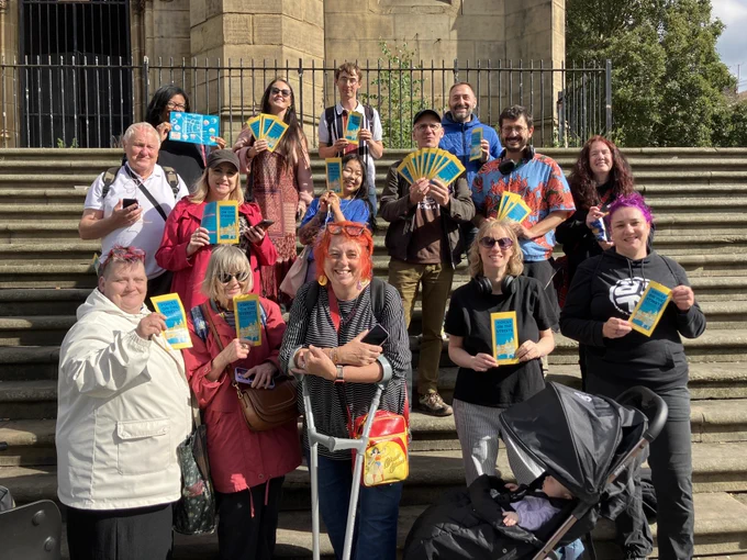 Dr Sam Solnick and the participants in making the Sound Journey standing on the steps to the Bombed out Church