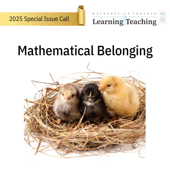 Image showing the 2025 Special Issue Call in a golden ribbon; MTLT logo; Mathematical Belonging; image of chicks 