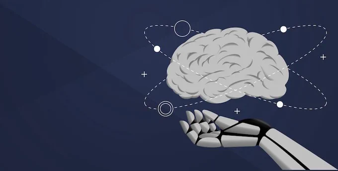 An illustration of a brain with a robot hand below it