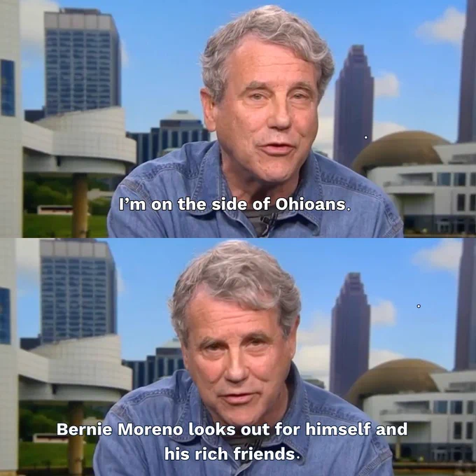 Photos of Senator Brown with captions that read: I’m on the side of Ohioans. Bernie Moreno looks out for himself and his rich friends. 