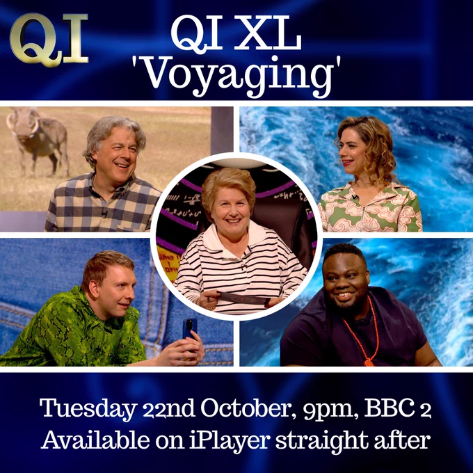 A QI graphic for tonight's show with the broadcasting info