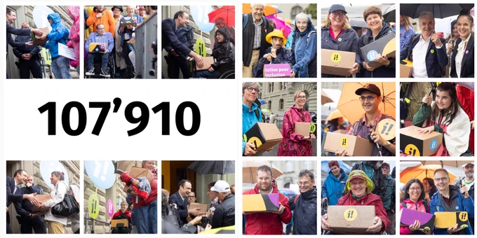 Eine Fotocollage zeigt Porträts von Menschen mit Kartons voller Unterschriften für die Inklusions-Initiative bei der Einreichung am 5. September 2024 in Bern. Zwischen den Fotos steht die Zahl 107'910, die sich auf die gültigen Unterschriften bezieht. Foto credits: Michael Waser, Monique Wittwer