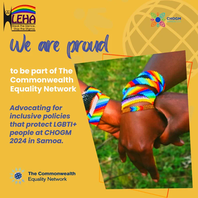 Image of hands wearing rainbow bracelets clasped together, with text that reads: We are proud to be part of The Commonwealth Equality Network. Advocating for inclusive policies that protect LGBTI  people at CHOGM 2024 in Samoa.