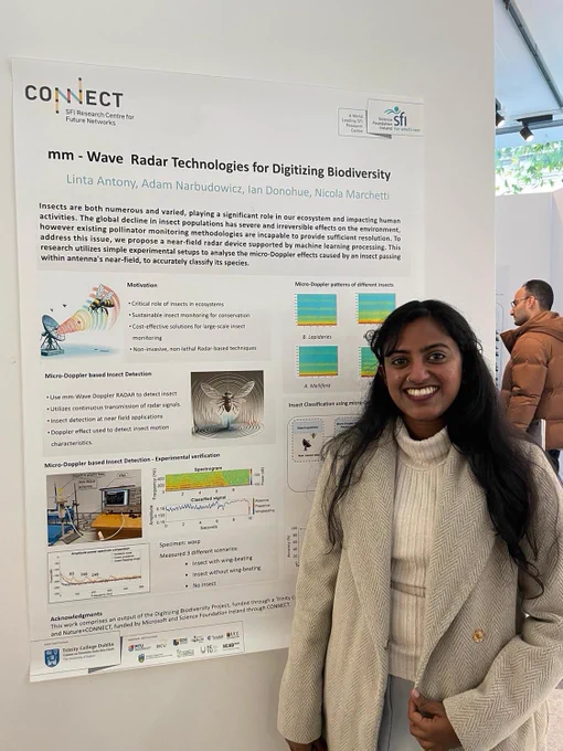 Photo of Linta Antony standing beside her team’s research poster. The title of the poster is ‘mmWave Radar Technologies for Digitizing Biodiversity’.