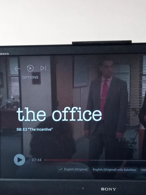Photo of a TV playing "the office S8 E2 "The Incentive "