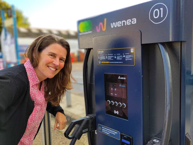 Cllr Natasha Bradshaw with EV charger.