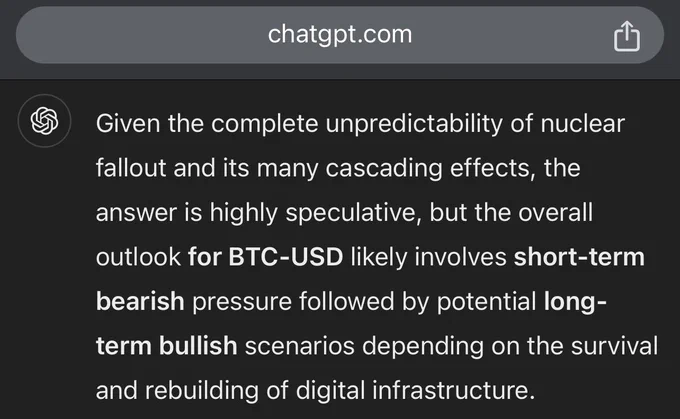 Nuclear Armageddon is short-term bearish for USD:BTC but long-term bullish, according to ChatGPT