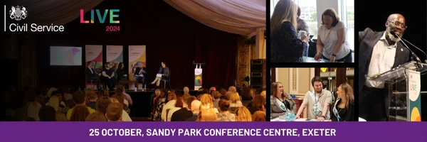 Images of Civil Service Live events held in 2024, promoting the next event in Exeter on 25 October, Sandy Park Conference Centre, Exeter