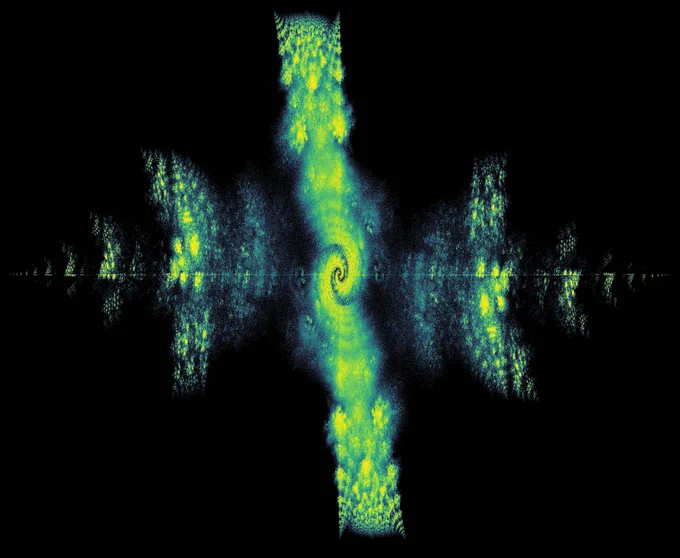 A plot of the density of all eigenvalues of a particular Bohemian family of matrices, with a visible spiral in the center.