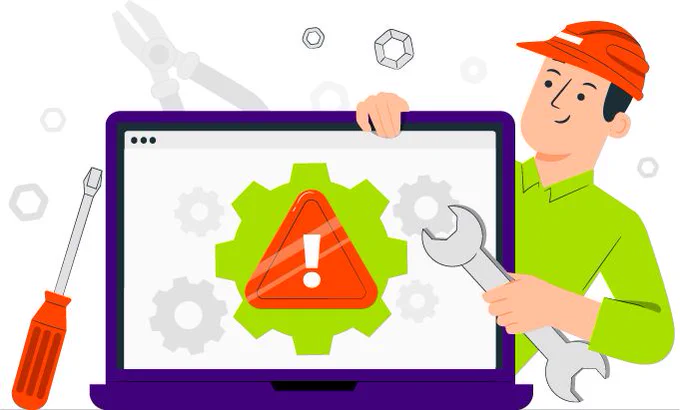 A male figure holding a wrench to a laptop screen. the laptop screen has a warning sign on it. In the background various tools are seen with nuts and cogs.