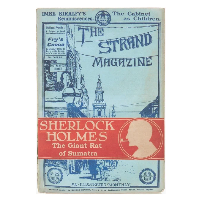 A blue paperback book with the title “The Strand Magazine” featuring a city background. There is a red stripe across the front reading “Sherlock Holmes / The Giant Rat of Sumatra” and featuring the profile of a man smoking a pipe. 