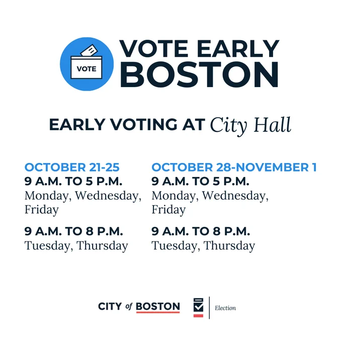 graphic with text: vote early Boston, early voting at City Hall is open today until 8 p.m.