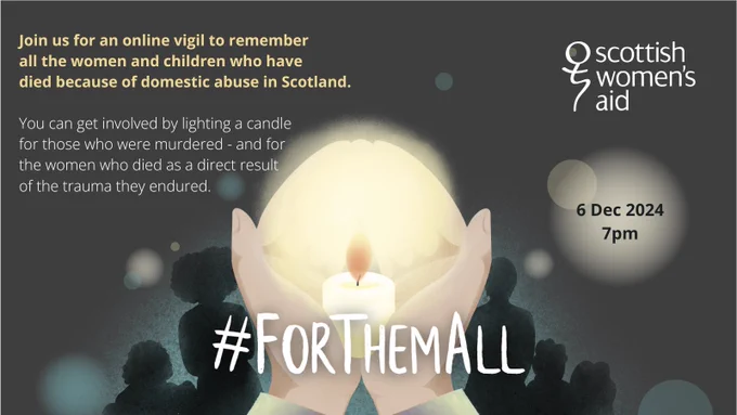 Illustration of hands holding a lit candle. On the graphic is the date of the online vigil 6th December 7pm