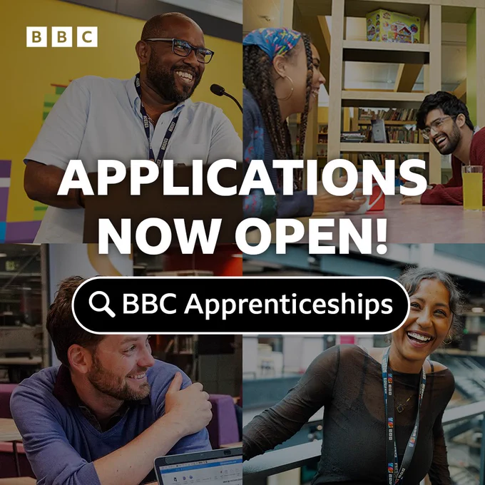 Collage of BBC colleagues across the UK. Text reads: Applications now open. Search BBC Apprenticeships.