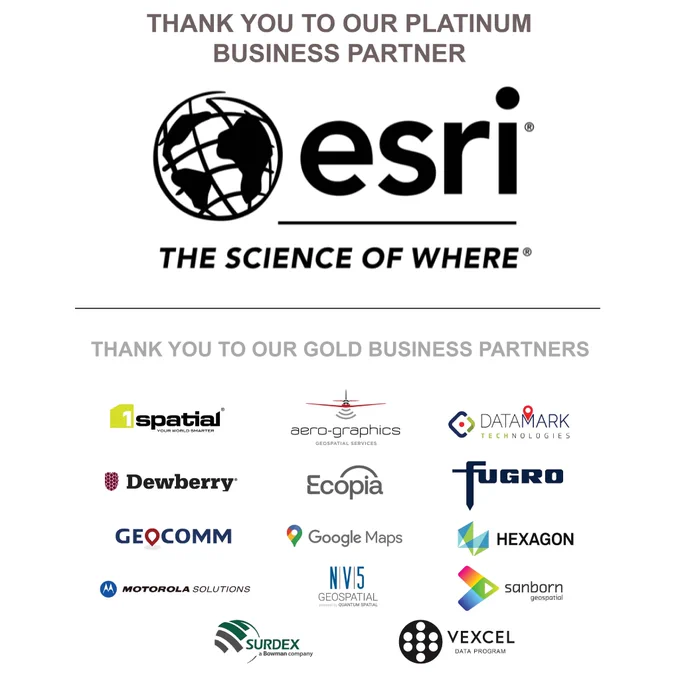 Thank you to our platinum business partner Esri. Thank you to our gold business partners. A list of logos.