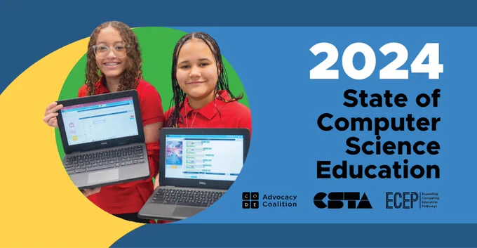 A photo of two young children in red shirts hold laptops sits next to the text 2024 State of Computer Science Education with the logos of CSTA, ECEP and the Code.org Advocacy Coalition. 