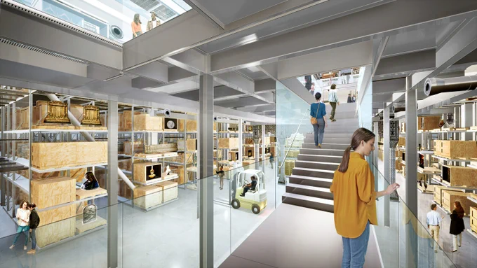 A render of people exploring the storage space at the V&A East Storehouse, which will open on 31 May 2025