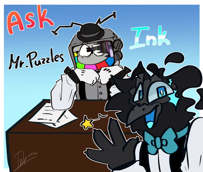Static Panic is a small AU i did with my Sona! Ink was desperate for their work to be recognised and so they contacted many companies. Puzzlevision included. 2 months go by and they just got an answer from Puzzles that he's interested in their work. And would like to make a deal with em and work together as businesses partners.