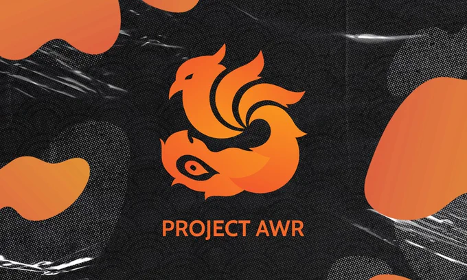 The Project AWR key art, showing an orange phoenix in the middle, above the name of the org. The background is black, with grey and orange spots layered onto it, and a slightly visible koy fish scale-like pattern.