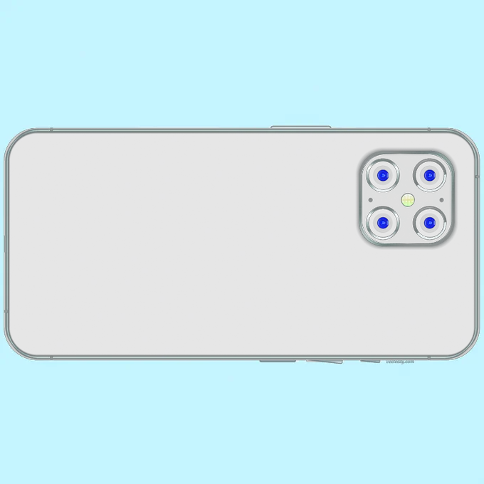 Image of the back of a smartphone with four cameras in a square in the top right corner.