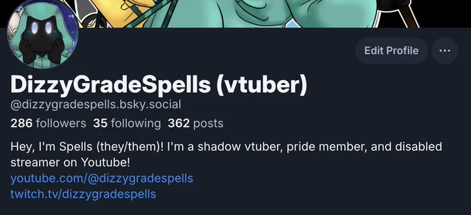 A screenshot of Spells's profile on the blue butterfly app. The username is dizzygradespells