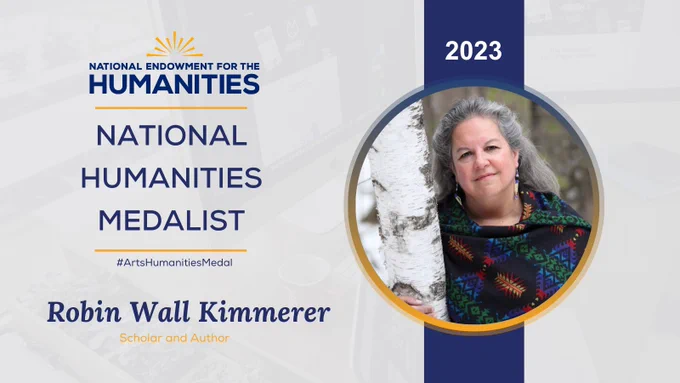 Photo of Robin Wall Kimmerer in a circular frame. Text reads, "National Humanities Medalist."
