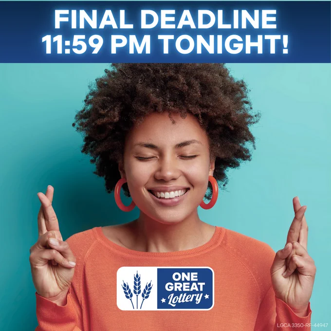 Image of a woman wearing an orange shirt with her fingers crossed and eyes closed. Text reads "Final deadline 11:59 PM tonight."