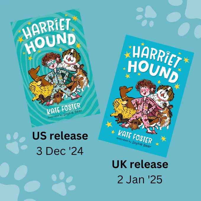 Two book covers of Harriet Hound on a blue paw-covered background