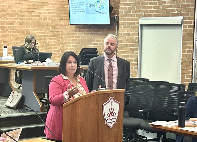 Maureen McGrath, Coordinator - Curriculum & Staffing Development and Superintendent Michael Faught present provincial EQAO results to the Board of Trustees.