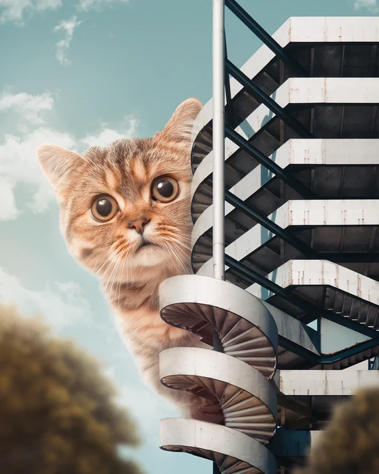 Graphic of a giant tabby cat that peers around a futuristic spiral staircase with the sky above. 