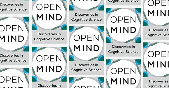 Repeated pattern of the "Open Mind: Discoveries in Cognitive Science" logo, featuring stylized text and abstract blue and green design elements.