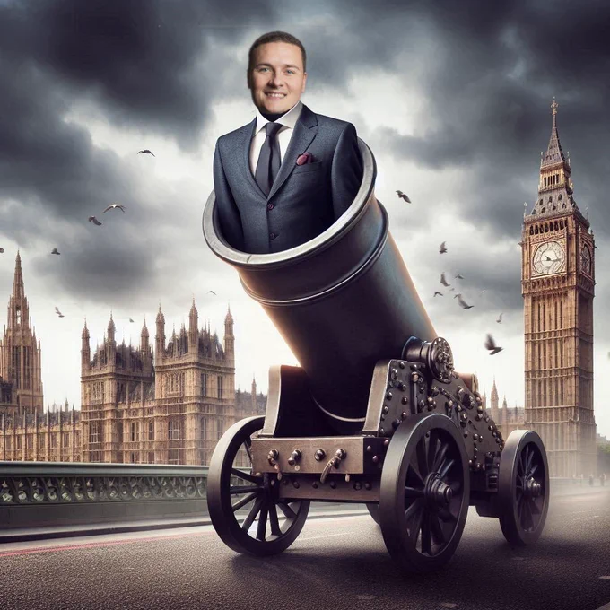 Wes being fired out of a cannon