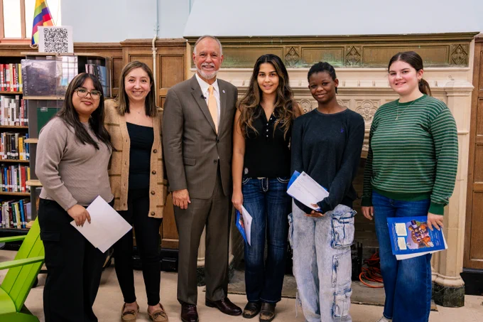 NYC Schools Chancellor Melissa Aviles-Ramos and CUNY Chancellor Félix V. Matos Rodríguez distribute “Welcome to CUNY” letters to Brooklyn Tech seniors.