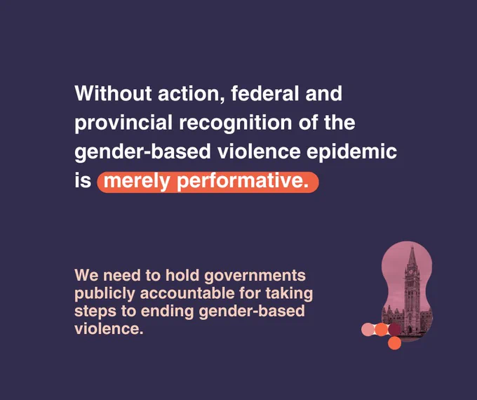 Dark purple background. Text reads, “Without action, federal and provincial recognition of the gender-based violence epidemic is merely performative. We need to hold governments publicly accountable for taking steps to end gender-based violence.” At the bottom right is a small image of the Parliament of Canada. 